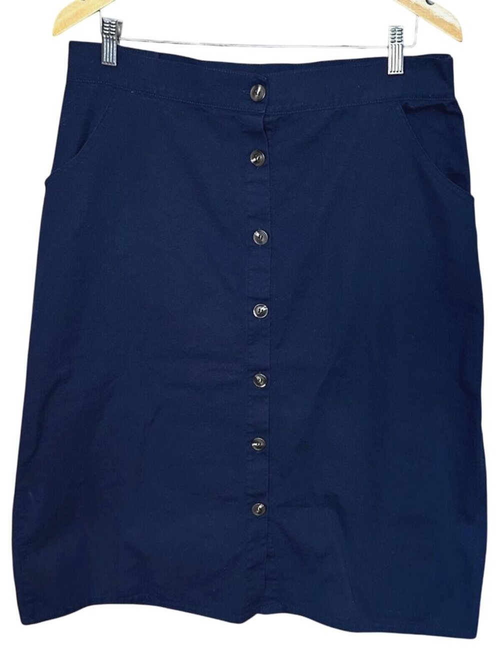 Jennifer Lauren Navy Button Front Midi Skirt Cotton A-Line Elastic Waist XL